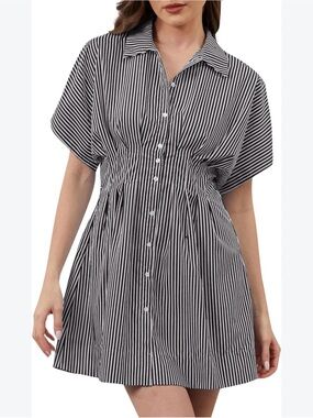 Striped Black & White Button-Front Women’s Shirt Dress